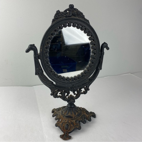 Vintage Victorian Table Top Vanity Oval Black Mirror Cast Iron Ornate Swivel MCM - Picture 1 of 7